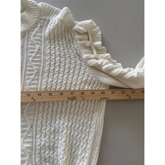 Express Pullover Sweater Women Size Medium Ivory Cold Shoulder Cable Knit Ruffle - Picture 6 of 11